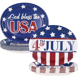 50Pcs 4th of July Oval Paper Plates -10" x 12" Large Disposable Heavy Duty Party Plates for July Fourth Patriotic Party