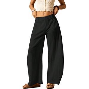 Baggy Barrel Pants Women Cotton Linen Summer Palazzo Pants Casual Wide Leg Trousers with Pockets (Black, XL)