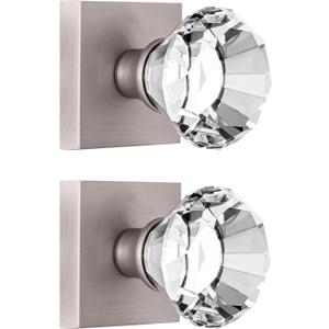 2 Pack Double Dummy Brushed Nickel Door Knob, Glass Crystal Door Knobs Diamond Shape, Hall and Closet Square Glass Door Pull Knobs, BS-004