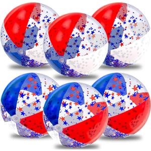 6 Pack 20 Inch Patriotic Inflatable Beach Balls Bulk, 4th of July Confetti Red White and Blue Large Beach Ball for Kids Adults 250th Anniversary Beach & Summer Pool Party Decorations Pool Toys Games