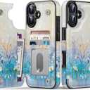 LETO for iPhone 16 Plus Wallet Case - Flip Folio Leather Kickstand - Fashionable Flower Designs - Credit Card Holder - Protective Phone Cover for Women and Girls - 6.7" - White Flowers Blue Purple