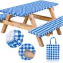 RNOONY Vinyl Fitted Picnic Table Cover with Bench Covers and Bag, Outdoor Waterproof Picnic Tablecloth with Elastic Edges, 96x30 Inches 3 Pcs Set (Blue Checkered)