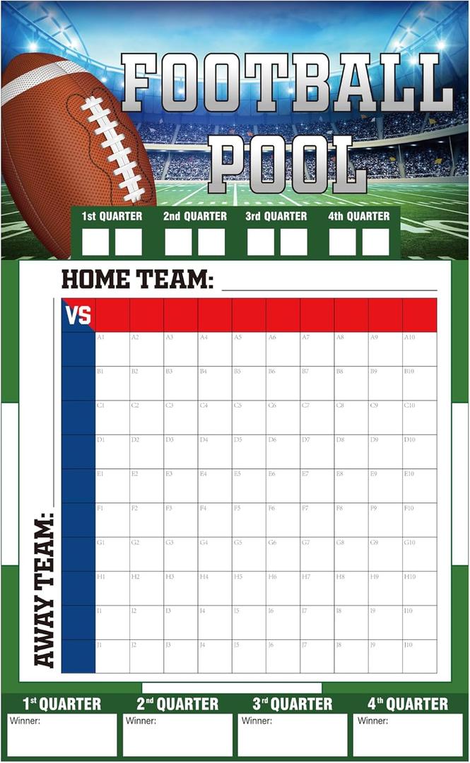 Augisteen Large Football Pool Poster 17 x 27.5 Inch Football Squares Board 100 Grids Score Record Poster 2026 Super Game Bowl Party Supplies Favors for Footballs Sports Game Party Decorations