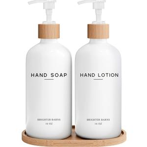 White Glass Soap and Lotion Dispenser Set with Tray by Brighter Barns - Hand Soap Dispenser Bathroom Set - Bamboo Bathroom Soap Dispenser Set - Minimalist Bathroom Accessories, Modern Home Decor