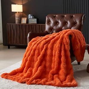 Wajade Fluffy Faux Fur Queen Size Blanket for Couch Bed 90x90 Inches, Luxury Ultra Soft Thick Fuzzy Plush Bubble Blanket, Reversible Warm Cozy Blanket for Sofa Chair, Burnt Orange