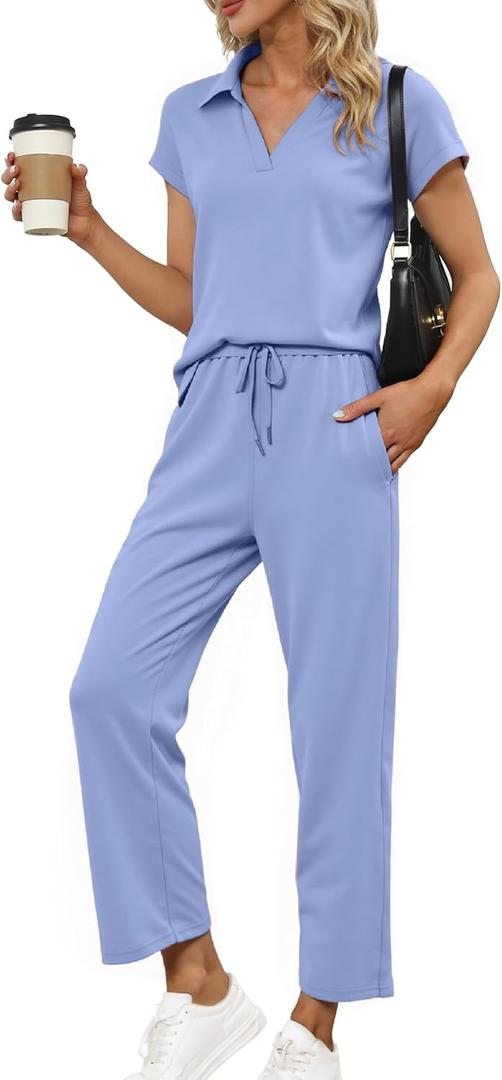 Glamaker Women Two Piece Loose Fit Outfit Summer Comfy Casual Short Sleeve Top Wide Leg Pants Set Travel Vacation Outfit(Blue, Large)