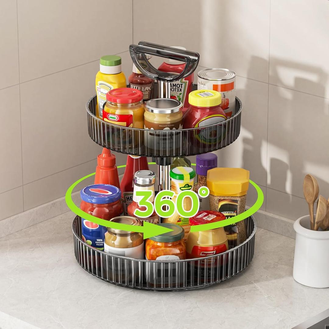 YCIA&DONE Premium 2-Tier Adjustable Lazy Susan Turntable Organizer 12 Inch Rotating Spice Rack for Cabinet, Kitchen Pantry Condiment Organizer with Deep Baskets and Handle, Gray