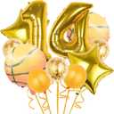 12 Pcs Basketball Theme Balloons, Decorations Gold Confetti Balloon Foil Star For Sports 14th Birthday Party Supplies Number 14 Decoration