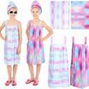 SmoothNovelty 2 Sets Girls Towel Wrap Hair Towel Wrap For Kids With Soft Bath Body Dress Cute Adjustable Bathrobe With Turbans for 3.9-4.9 Ft Kids Girls Wet Hair Rapid Drying (Rainbow Style)