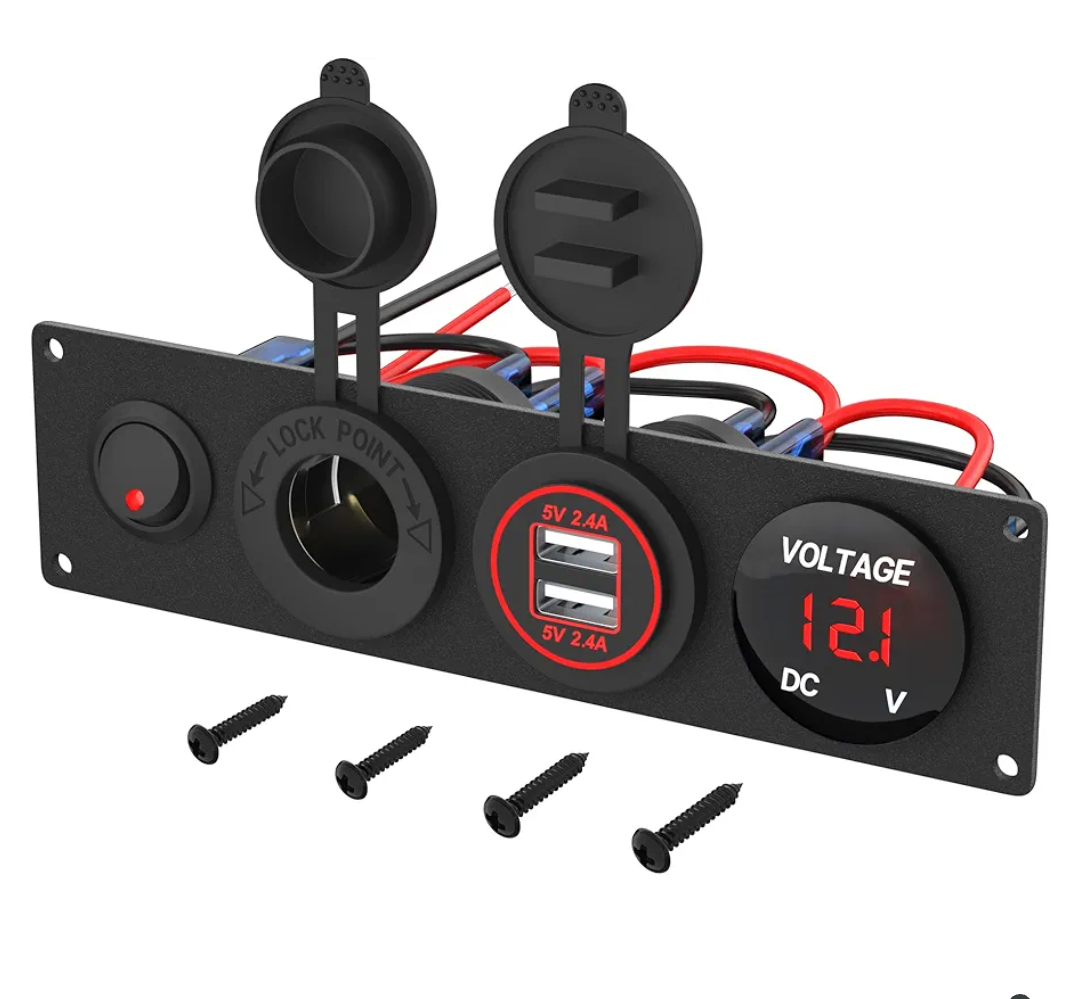 4 in 1 12V USB Panel with LED Voltmete & Dual USB Charger Socket Power & Cigarette Lighter Socket & Red LED Lighted Toogle Switch Panel for Boat Car RV Golf Cart ATV