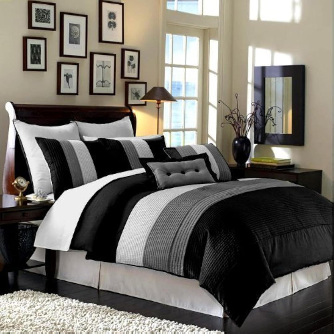 Chezmoi Collection Loft 8-Piece Luxury Striped Comforter Set (King, Black/Gray/White)
