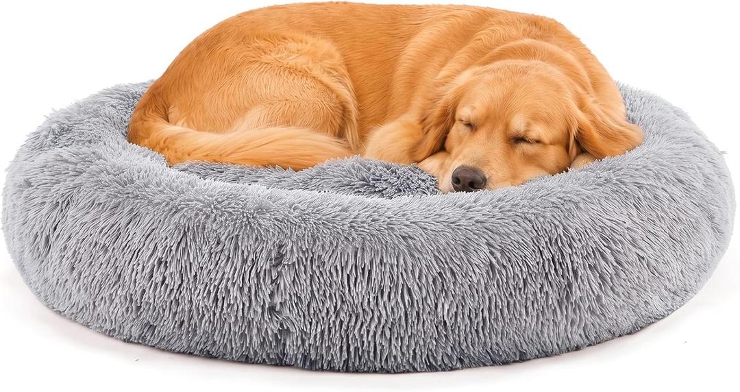 DUMOS 37.4 Inch XL Donut Dog Bed for Indoor Use, Fluffy Faux Fur Plush
Warming Cozy Round Pet Bed, Machine Washable Cuddler, Anti-Slip Bed for Dogs and Cats, Grey