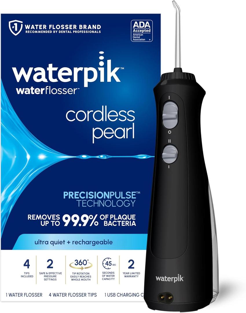 Waterpik Cordless Pearl Rechargeable Portable Water Flosser for Teeth, Gums, Braces Care and Travel, Extra Quiet, 4 Flossing Tips - ADA Accepted, WF-13 Black