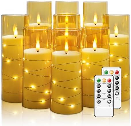 Nimiko Flickering Flameless LED Candles,Battery Operated Candles 9 Pcs with Embedded Star String,Acrylic LED Pillar Candles with Remote,Suitable for Home Decoration to Create an Atmosphere（Gold）