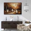XWNLTEPK Halloween Canvas Wall Art Poster Ghostly Mural on Moonlit Trail Fun Fall Woodland Decor Pumpkin Row Flying Bats Autumn Leaf Decor Perfect for Decorating Home Library Corner (8x12in Black Framed, A08)