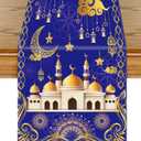 Ramadan Mubarak Table Runner, 13x72 Inch Blue Gold Eid Mubarak Table Runner for Home Party Decoration, Crescent Moon Star Eid Family Party Dining Room Table Decorations