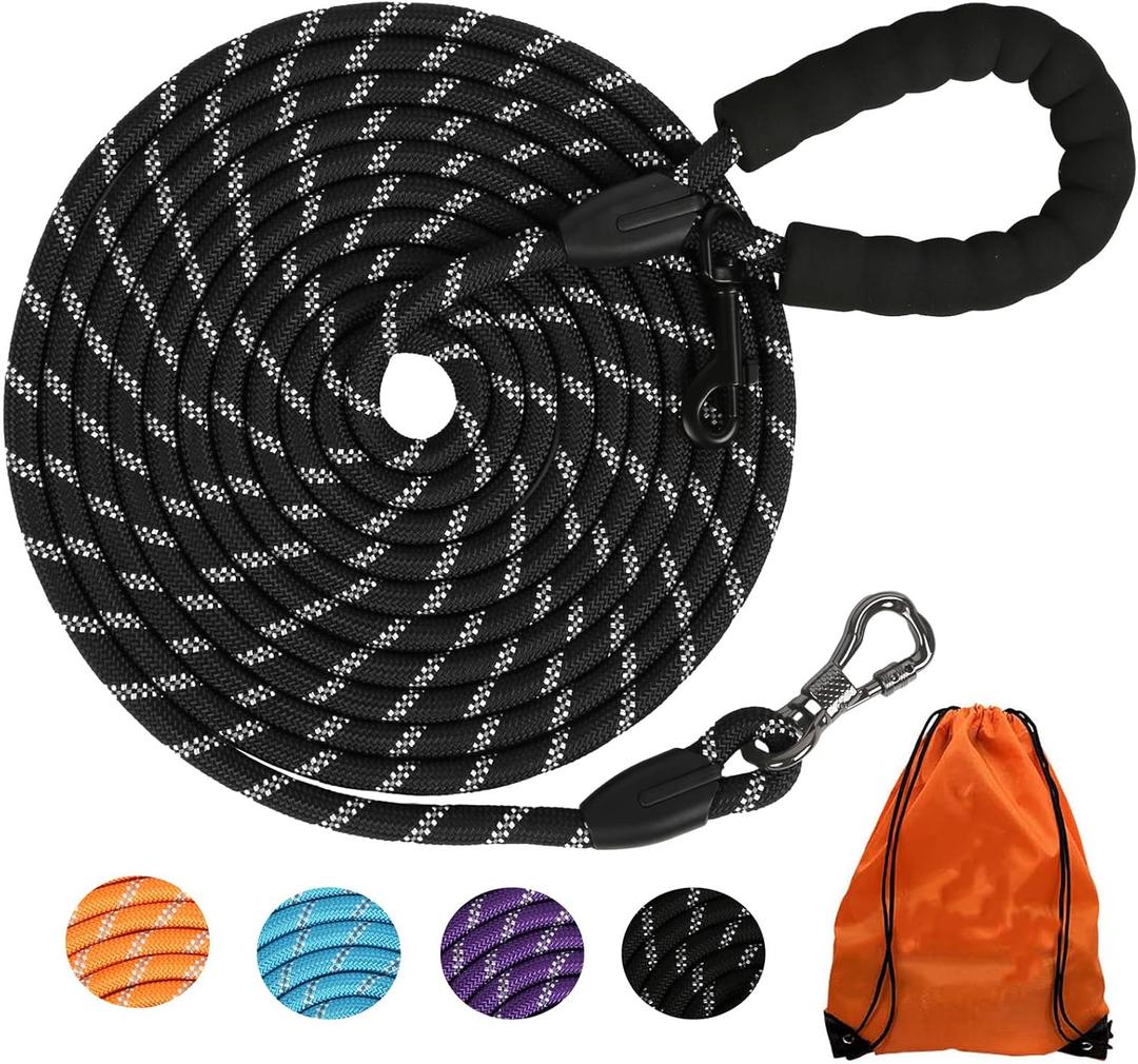 Long Dog Leash for Dog Training 50FT*3/8 inch, Reflective Leash with Lockable Hook, Heavy Duty Dogs Lead Tie Out Rope for Large Medium Small Dogs Outside Walking, Playing, Camping, or Yard, Black