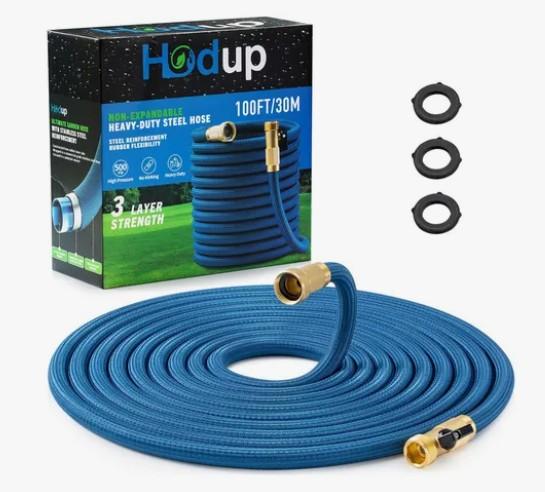 HODUP Garden Hose 100 FT, Premium Metal Stainless Steel Heavy Duty Kink-Free Flexible Water Hose with Sturdy Lasting Fabric Skin and Solid Brass Fitting for Yard Watering and Car Washing (Blue, 100 ft)