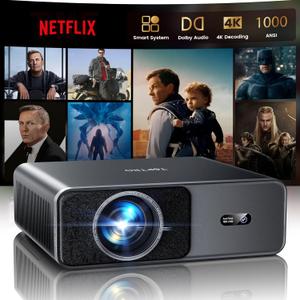 Smart Projector1000 ANSI/Compatible with Netflix4K Projector with WiFi 6 and 2-Way Bluetooth, AI Auto Focus & Keystone, 20W Dolby Audio,Built-in Apps,TOPTRO A1 Portable Proyector for Outdoor Movie (Black)