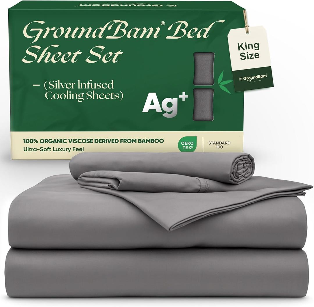 GroundBam Silver Infused Bed Sheets Set, Temperature-Regulating Fabric with Self-Cleaning Technology for 3X Freshness Sleep, Genuine 100% Organic Viscose Derived from Bamboo (Gray, King)