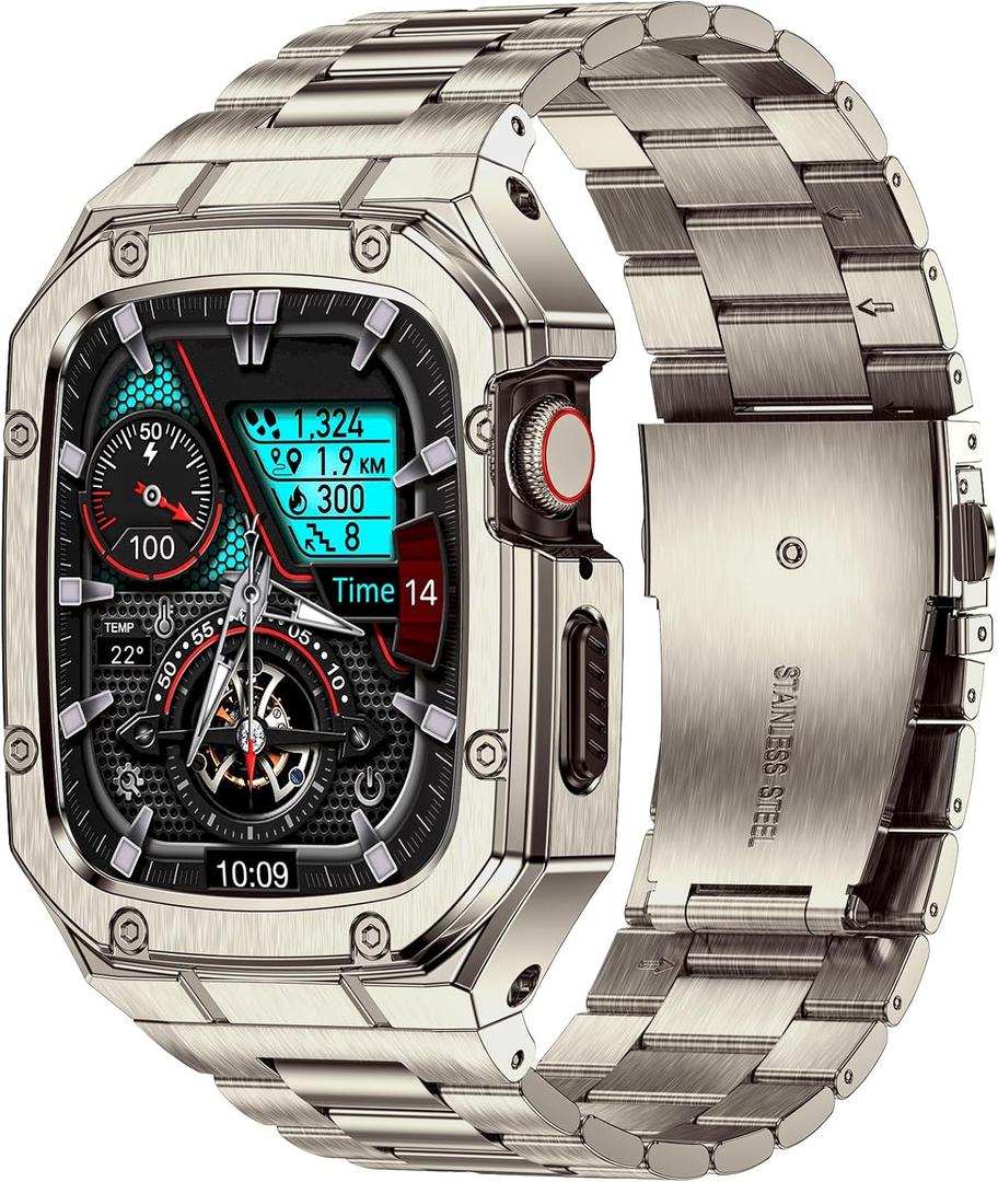 BAITEYOU Stainless Steel Watch Band with Case Compatible with Apple Watch Series 11 10 46mm, Rugged Strap with Metal Protective Bumper Cover for iWatch Bands Men (Titanium Color)