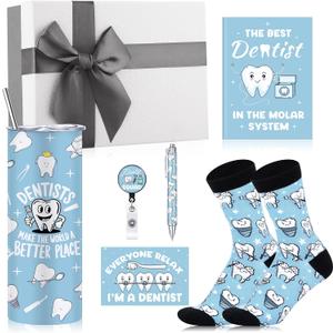 Geiserailie 8 Pcs Dentist Gifts for Men Women Dental Assistant Hygienist Gift Include 16oz Stainless Steel Tumbler Badge Holder Socks Pen Notebook Keychain Card for Dental Day Dentist Assistant Week