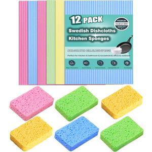 MEUUT 12 Packs Swedish Dishcloths and Kitchen Sponges for Cleaning, Reusable Absorbent Compressed Cellulose Cleaning Sponge Dish Clothes for Kitchen and Household Use