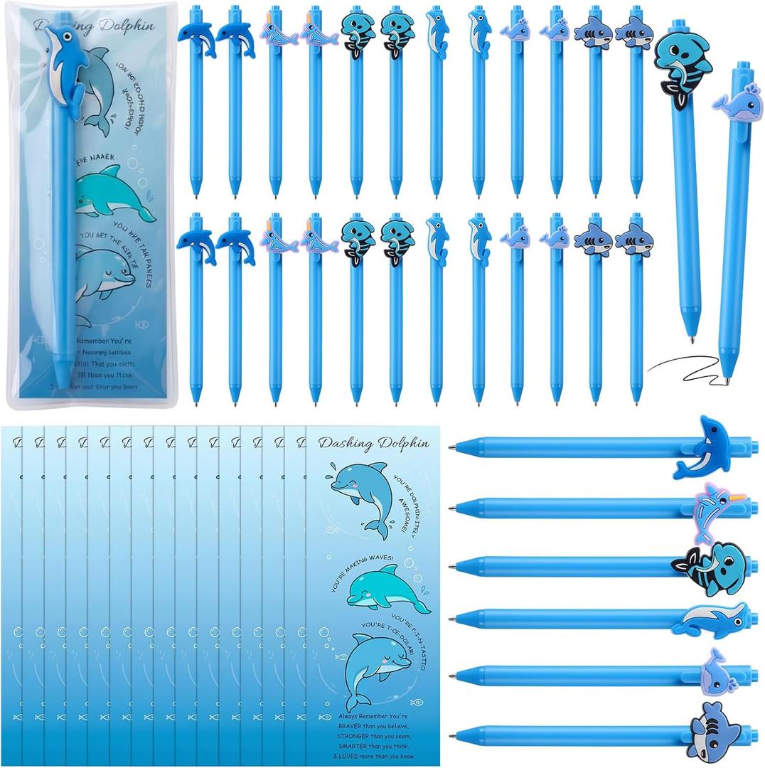 24 Sets Employee Appreciation Gifts Bulk Inspirational Dolphin Ballpoint Pens with Motivational Cards Retractable Black Ink Pen for Coworker Staff Teacher Employee Office Party Favor