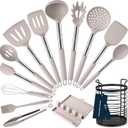 HOTEC Heat Resistant Silicone Kitchen Utensils, Cooking Utensil Set, Spatula Set, BPA Free, Kitchen Gadgets, With Stainless Steel Utensils Holder, Dishwasher Safe 14pcs Khaki