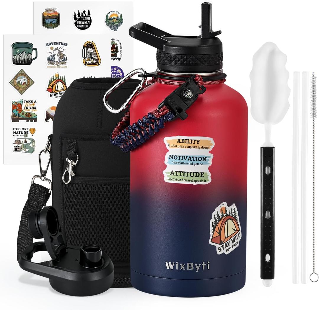WixByti 64 oz Insulated Water Bottle with Straw (Cold for 48 Hrs), Half Gallon Stainless Steel Triple Wall Vacuum Sports Water Jug, Leakproof Hydro Cup Flask with Straw Spout Lids & DIY Stickers