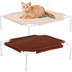 Thyle 2 Pack Elevated Cat Hammock Bed, 18 x 20 Inch Cat Hammock for Floor Metal Fluffy Warm Bed with Detachable Pad, Machine Washable & Breathable Cover for Large Indoor Cats, Kittens, Small Dogs