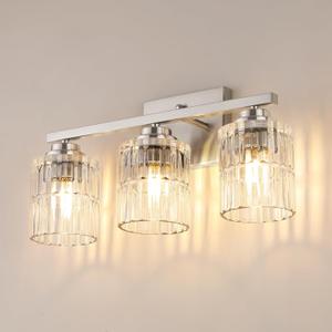 TALOYA 19 Inch Bathroom Light Fixtures, Modern 3-Light Brushed Nickel Vanity Lights with Wide Vertical Ribbed Thickened Glass Shade Wall Sconces for Mirror Makeup Room Hallway Bulbs Not Included