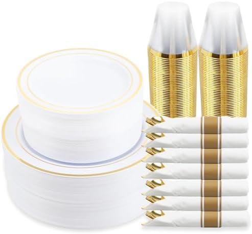 350 Piece Gold Dinnerware Set,100 Plastic Plates, 50 Cups,50 Pre-Rolled Napkins with Plastic Silverware, Disposable Gold Dinnerware Set for 50 Guests