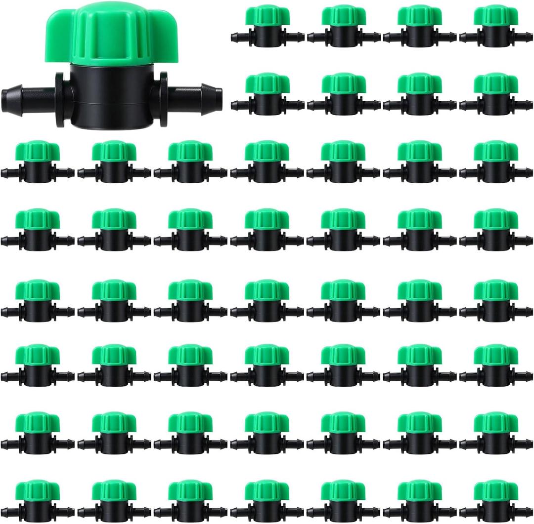 50 Pcs 1/4 Inch Barbed Shut off Valve Drip Irrigation Tubing Coupling Valve Universal Drip Irrigation for 1/4" Tubing Greenhouses Flowers Beds Lawns Farmland(Green,Barbed Shut off Valve)