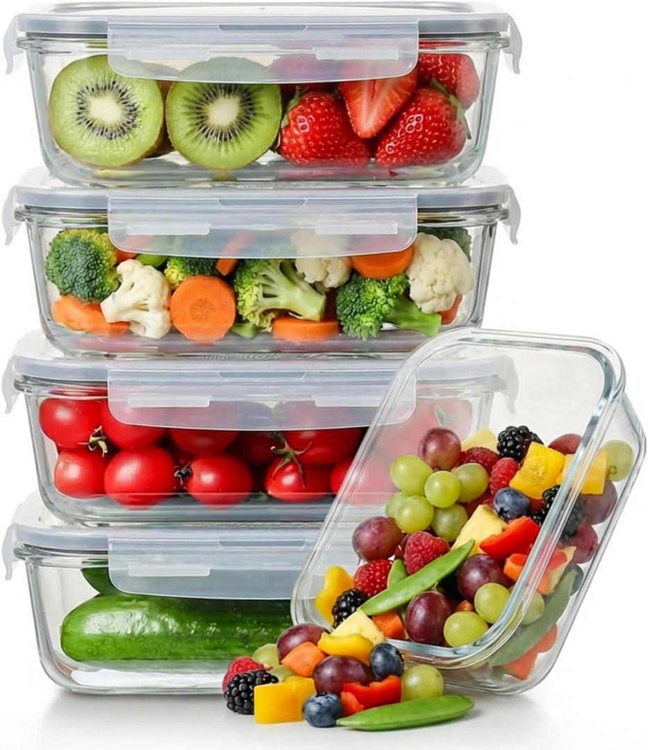 5 Pack 36oz Borosilicate Glass Food Storage Containers Set with Lids, Freezer Meal Prep Containers, Airtight Bento Lunch Container Set, Oven, Freezer and Dishwasher Safe, BPA Free, Kitchen Storage Set
