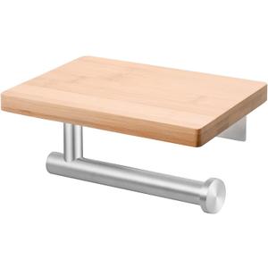 Tecmolog Stainless Steel Paper Roll Holder Wall Mount Toilet Tissue Holder with Wooden Storage Shelf, Brushed Nickel