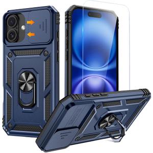 Goton Compatible for iPhone 16 Plus Case with Screen Protector - Slide Camera Cover Protective Phone Case with Ring Stand, Heavy Duty Shockproof Rugged Bumper for iPhone 16 Plus Accessories Blue