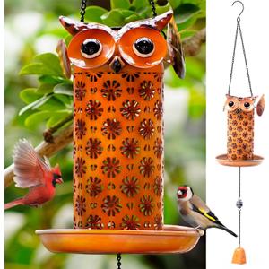 Solar Owl Bird Feeder for Outdoors Hanging - Metal Outside Wild Bird Feeders,Solar Light, Garden Backyard Decoration,Gifts for Bird Lovers,Family, Friends,Elderly.10 High x 6.5" Dia
