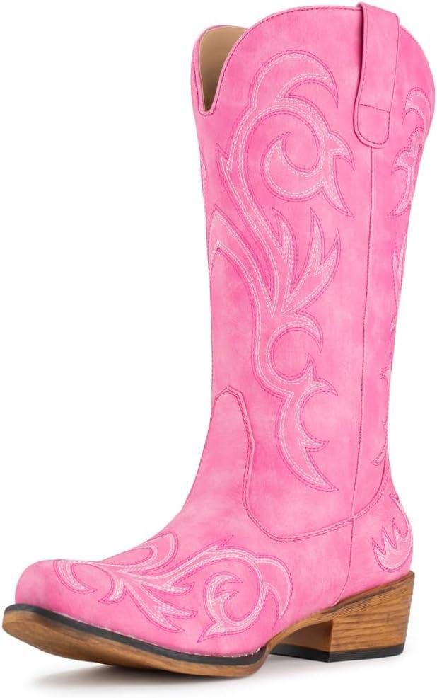 IUV Cowboy Boots For Women Mid Calf Cowgirl Boots Pointy Toe Western Boot (6, Pink)