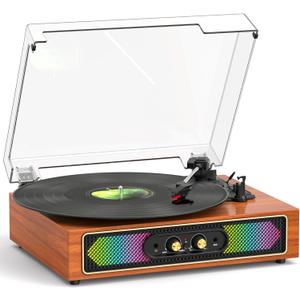 Bluetooth Record Player with RGB Lights, 3-Speed Belt-Drive Turntable with Built-in Stereo Speakers, Bass/Treble Control, Auto Stop, AUX in/Out, RCA Out, Retro Wood Vinyl Player for Home & Gift Use
