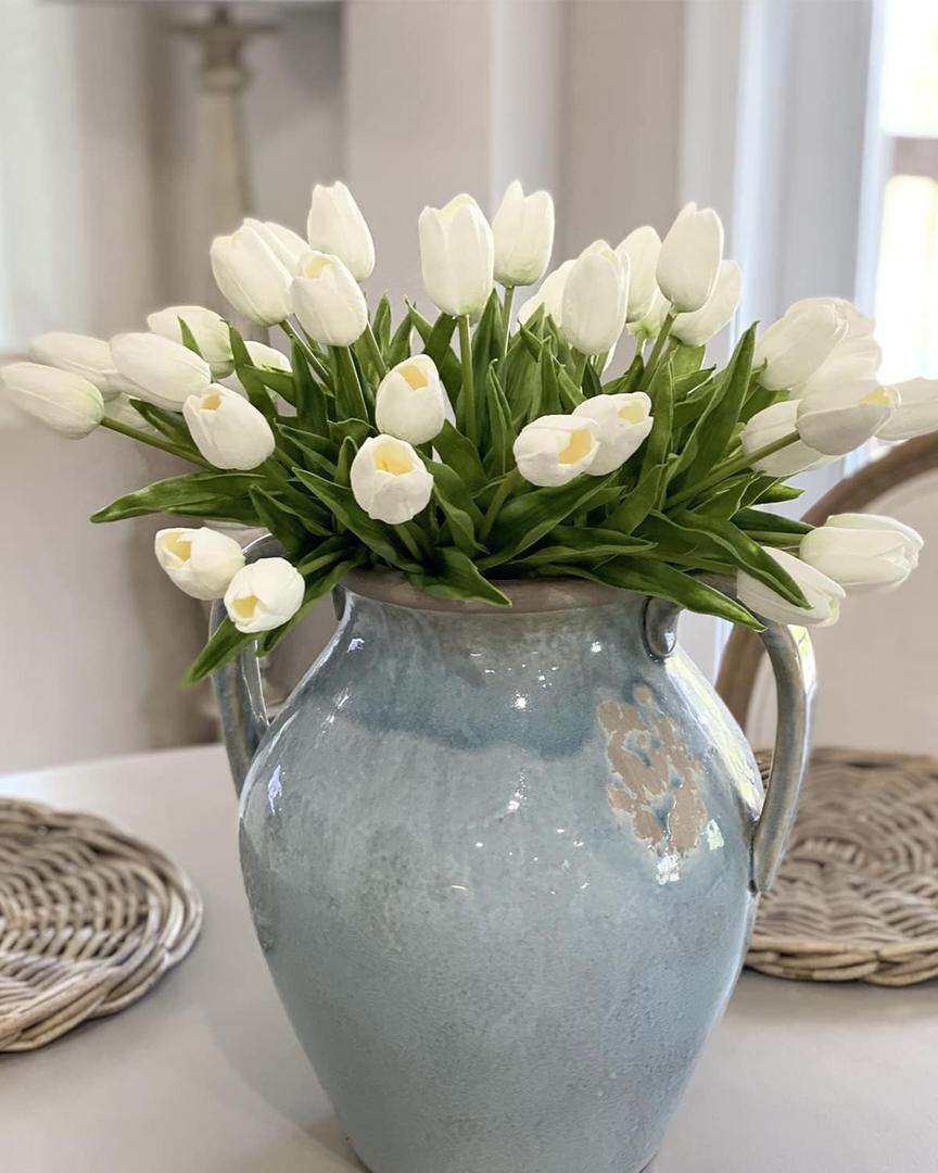 Beferr White Tulips Artificial Flowers 18Pcs Faux Silk Tulip Real Touch Tulip Fake Flowers Bouquets Arrangements for Mother's Day Easter Spring Flowers Gifts Home Table Decor