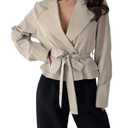 GORGLITTER Women's Cropped Short Trench Coat Jacket Blazer Fall Trendy Long Sleeve Belt Business Casual Work Outerwear Khaki Medium