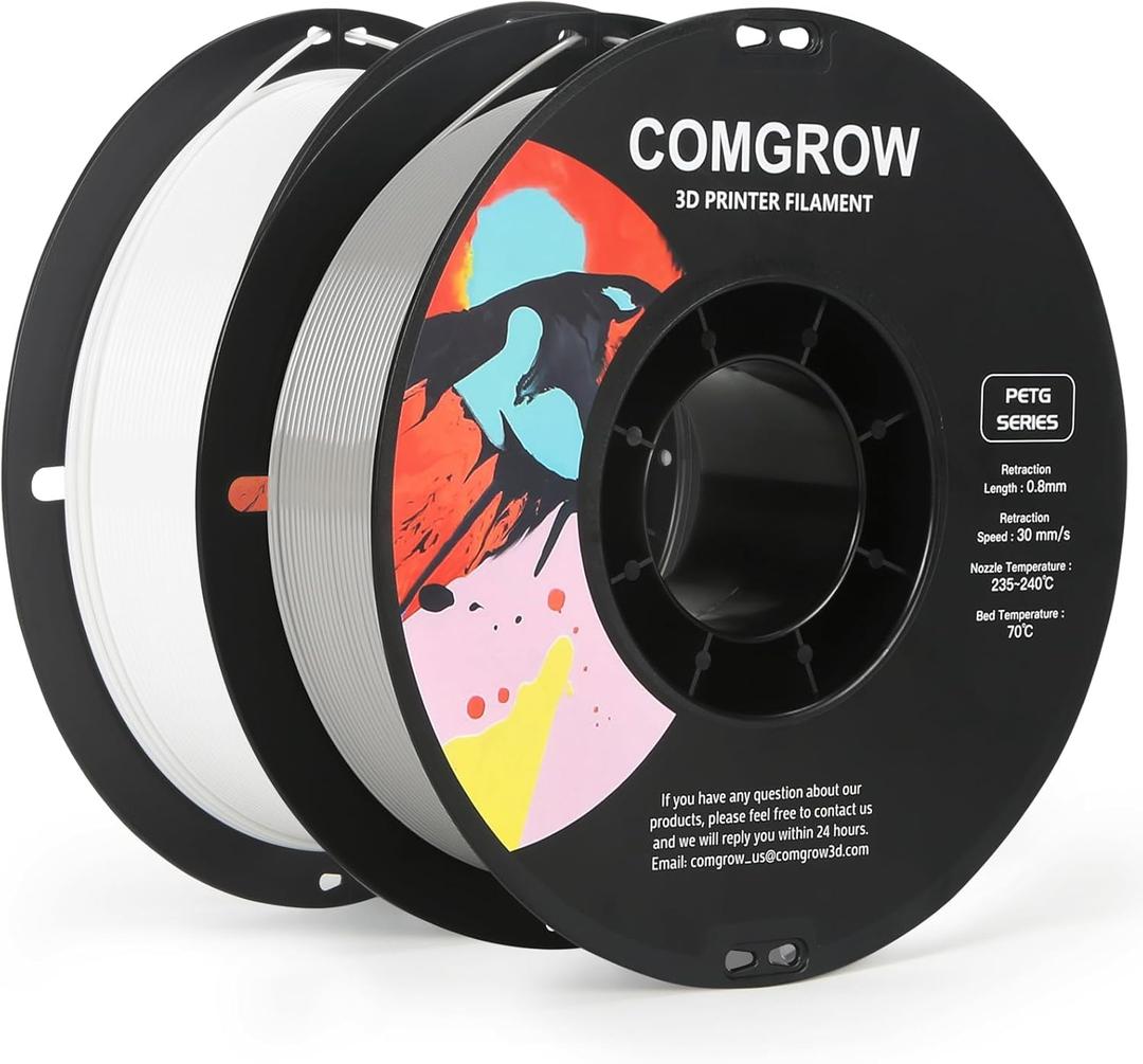 Comgrow PETG 3D Printer Filament 1.75mm, High Precision and Tough 3D Printer Filament 2kg (4.4LBS), Dimensional Accuracy +/- 0.02 mm, Fit Most 3D Printers White+Grey