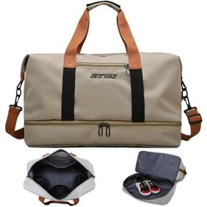 Canvas Weekender Bag for Men & Women Large Travel Duffel with Shoe Compartment Vintage Khaki Overnight Carry-On Luggage Tote with Leather Trim (Khaki)
