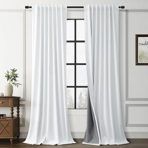 White Linen 100% Blackout Curtains for Bedroom 2 Panels Set 120 Inches Long Modern Black Out Room Darkening Noise Cancelling Back Tab Hook Belt Curtain for Living Room Sliding Door Nursery 52x120 10Ft
