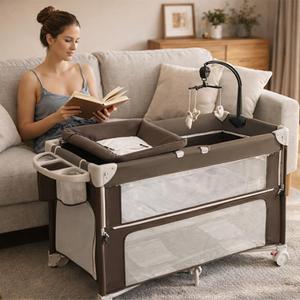 5-in-1 Baby Bassinet Bedside Sleeper, Foldable Pack and Play,One-Push Bedside Crib with Playard, Includes Mattress, Changing Table, Mosquito Net, Music Toy & Storage for Newborn to Toddler (Brown)