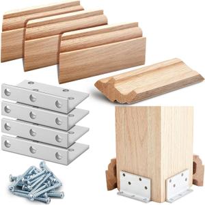 Blulu 1 Set 3-1/2" Newel Post Mounting Kit 4 Pcs L Bracket Metal Post Anchor with 4 Pcs Red Oak Wooden Trim Deck Base Fasteners for Fastening Handrails Balustrades to Stairs and Floors