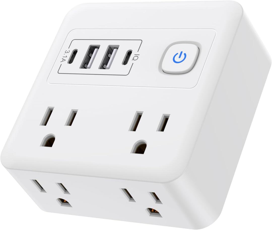Multi Plug Outlet Extender with USB - Surge Protector Splitter 4 USB Wall Charger - Multi Plug Outlet Splitter,Widely Spaced Outlet for Travel, Home, College Dorm Room,White