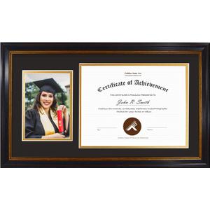 Golden State Art, 11x19.5 Diploma Frame for 8.5x11 Document/Certificate and 5x7 Picture - 2 Openings - Black with Gold Trim and Burgundy Accents - Black over Gold Double Mat - Real Glass - Wall Mount, 13x21.5 Frame