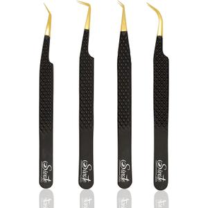 SIVOTE Fiber Tip Lash Tweezers for Eyelash Extensions with Diamond Grip, Black, Set of 4 - Precise Tips Japanese Steel for Classic, Volume & Mega Volume Lashes, Anti-Rust - Ideal for Lash Artists